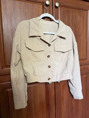 Amazon Beige Cropped Corduroy Button-Front Jacket